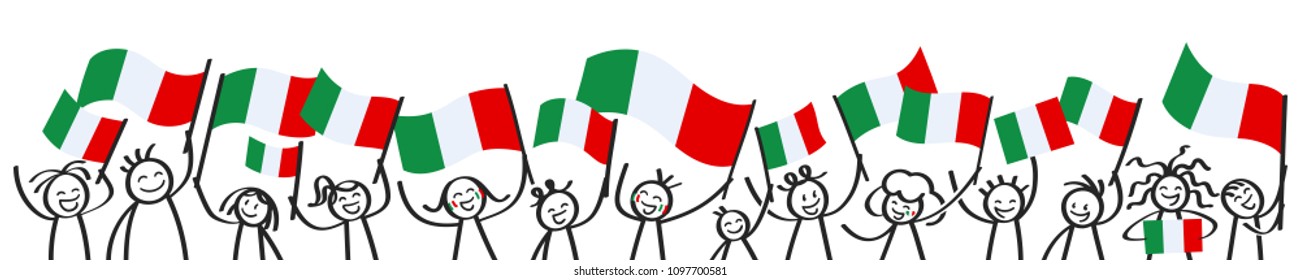 Cheering crowd of happy stick figures with Italian national flags, smiling Italy supporters, sports fans isolated on white background