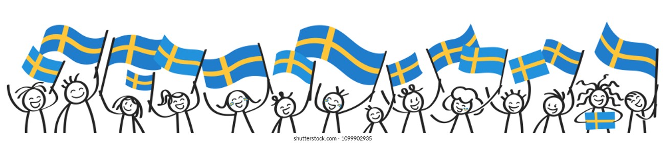 Cheering crowd of happy stick figures with Swedish national flags, smiling Sweden supporters, sports fans isolated on white background