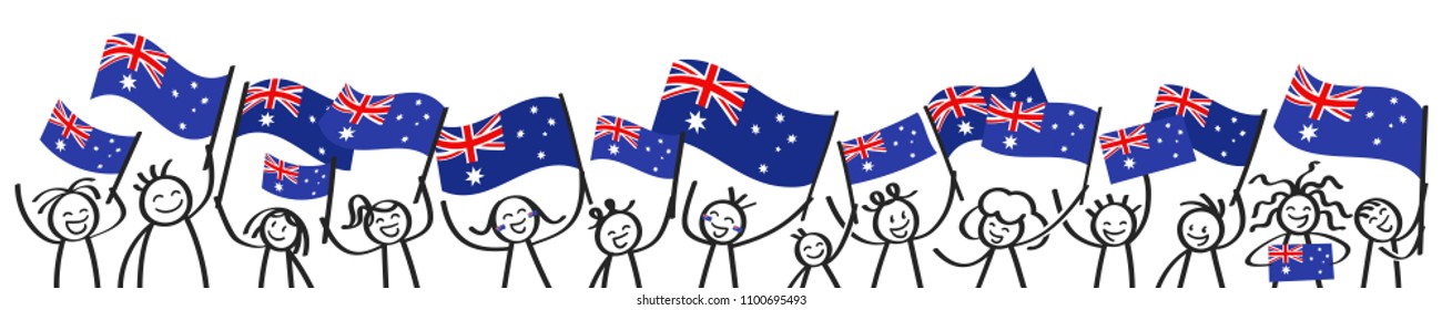Cheering crowd of happy stick figures with Australian national flags, smiling Australia supporters, sports fans isolated on white background