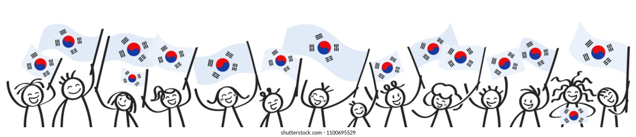 Cheering crowd of happy stick figures with South Korean national flags, smiling South Korea supporters, sports fans isolated on white background