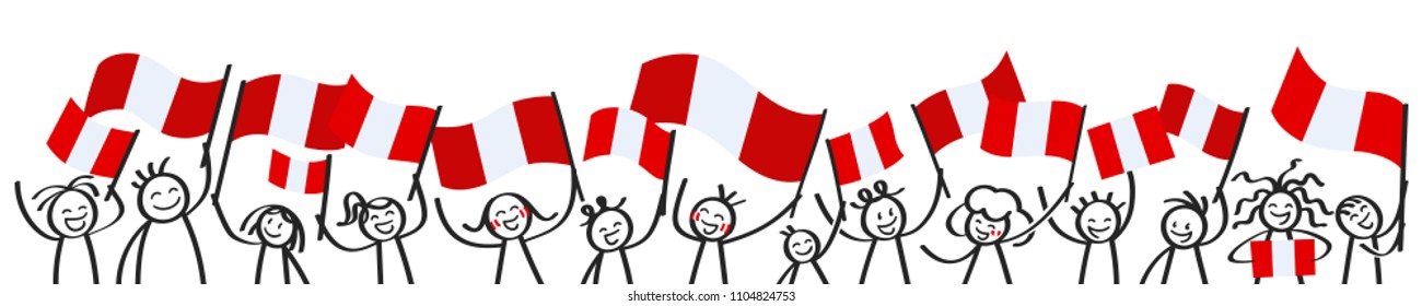 Cheering crowd of happy stick figures with Peruvian national flags, smiling Peru supporters, sports fans isolated on white background