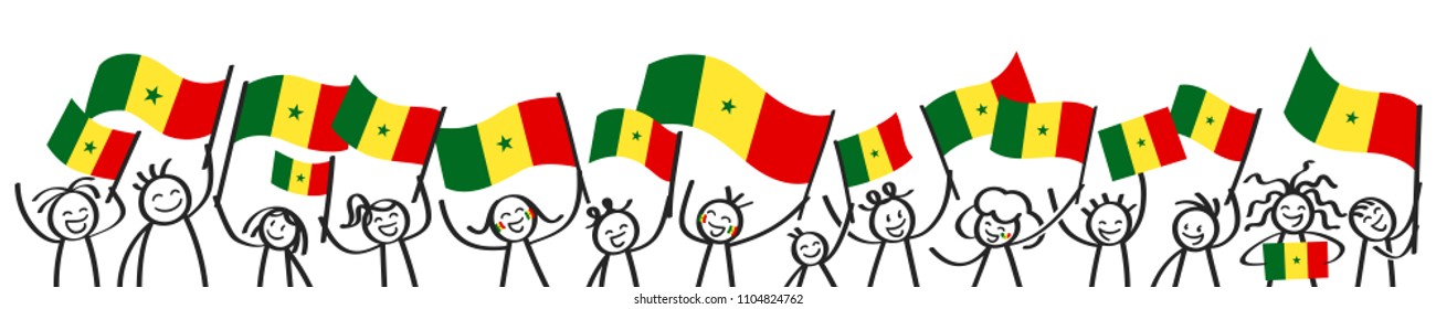 Cheering crowd of happy stick figures with Senegalese national flags, smiling Senegal supporters, sports fans isolated on white background