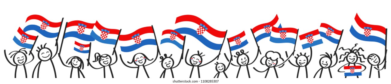 Cheering crowd of happy stick figures with Croatian national flags, smiling Croatia supporters, sports fans isolated on white background