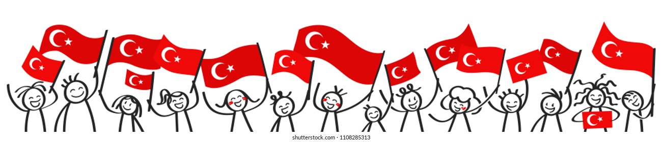 Cheering crowd of happy stick figures with Turkish national flags, smiling Turkey supporters, sports fans isolated on white background
