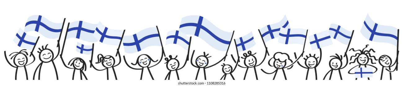 Cheering crowd of happy stick figures with Finnish national flags, smiling Finland supporters, sports fans isolated on white background