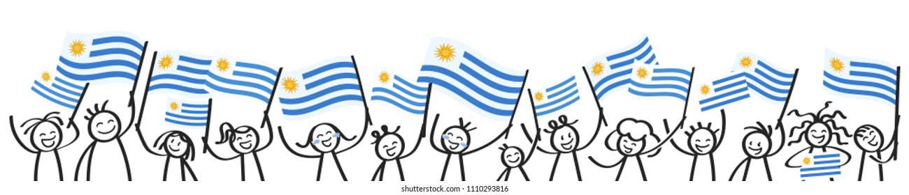 Cheering crowd of happy stick figures with Uruguayan national flags, smiling Uruguay supporters, sports fans isolated on white background