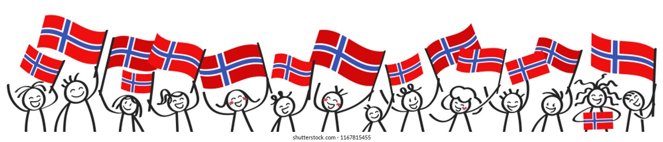 Cheering crowd of happy stick figures with Norwegian national flags, smiling Norway supporters, sports fans isolated on white background