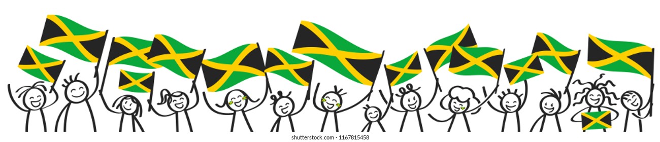 Cheering crowd of happy stick figures with Jamaican national flags, smiling Jamaica supporters, sports fans isolated on white background