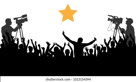 Animando el concierto de la gente, fiesta. Aplausos hinchas deportivos. Camarógrafo dispara a una celebridad. Vector de silueta de fondo aislado. Una alegre multitud de amigos se alegran y aplauden el ídolo de la estrella