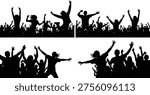 Cheering crowd silhouette collection isolated on white background, excited people raising hands, concert audience set, party celebration scene, festival energy, vector illustration bundle