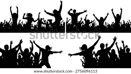 Cheering crowd silhouette collection isolated on white background, excited people raising hands, concert audience set, party celebration scene, festival energy, vector illustration bundle
