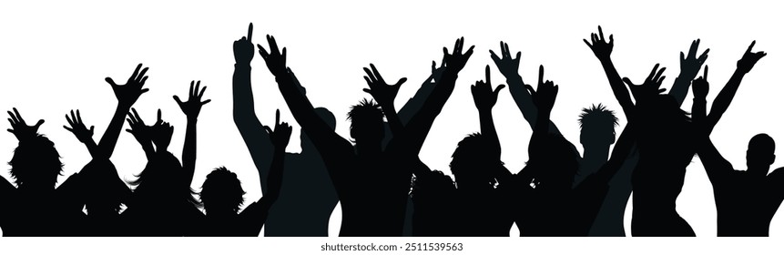 Cheering crowd silhouette, excited young people with hands up. Happy friends group, nightclub, discotheque cheerful visitors.