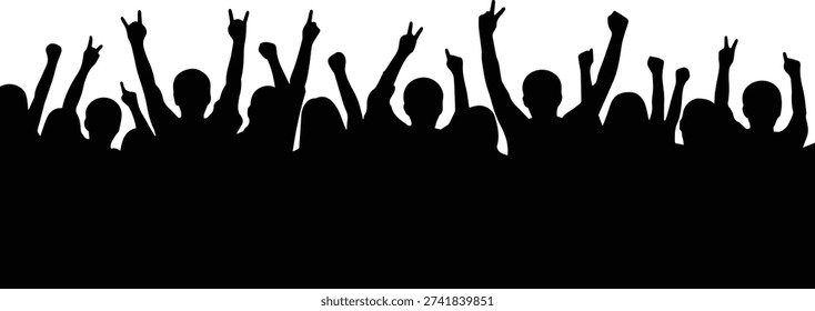 Cheering crowd silhouette with raised hands representing concert audience celebration, festival excitement, public entertainment event or music performance background illustration