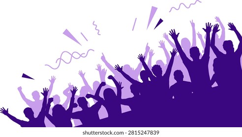 Cheering crowd silhouette vector illustration, people celebrating at concert or sports event background banner