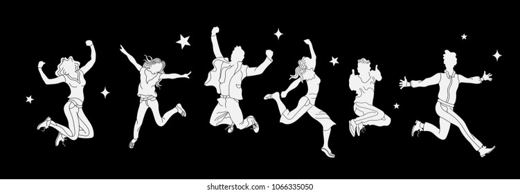 Cheering crowd silhouette.Jumping poses people.Crowd people silhouette vector concert background.Football fans fans vector sport background. black background