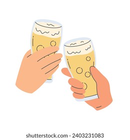 Cheering and drinking together in holiday, friends hands with beer glasses. Flat cartoon style vector illustration isolated on white background