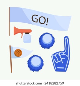 Cheering fan gears vector illustration. Flag with basketball, banner with Go inscription, cheerleaders pom poms, foam finger. Sports fans  accessory concept