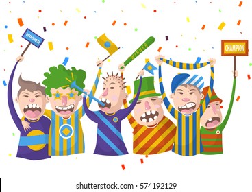 Cheering fans with flags and whistles holding flag we are champions for football or sport game contest championship. Vector illustration of people happy and celebrating team victory