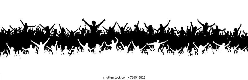 Cheering fans, sports silhouette crowd. Party, people vector. Applause concert disco. Poster Event banner background isolated.