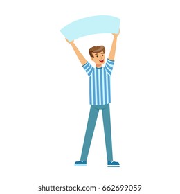 Cheering football fan character in blue holding blank banner over his head vector Illustration