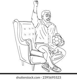 Cheering Football Fan: Sketch Drawing Isolated on White, Soccer Match Enthusiast: Sketch Drawing Isolated Character, Isolated Cartoon Clip Art: Man Shouting on Couch with Ball
