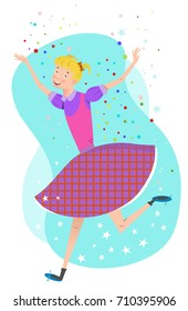 Cheering girl running and waving her arms in confetti (flat color illustration)