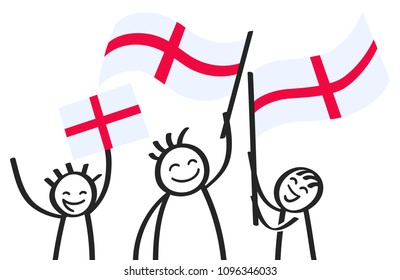 Cheering group of happy stick figures with English national flags, smiling England supporters, sports fans isolated on white background