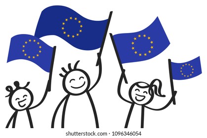 Cheering group of happy stick figures with EU flags, European Union supporters smiling and waving European flags isolated on white background