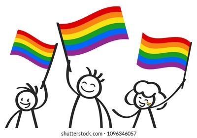Cheering group of happy stick figures with rainbow flags, LGBTQ supporters smiling and waving colorful flags isolated on white background