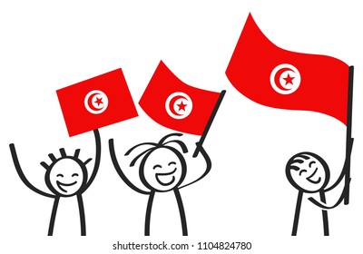 Cheering group of happy three stick figures with Tunisian national flags, smiling Tunisia supporters, sports fans isolated on white background