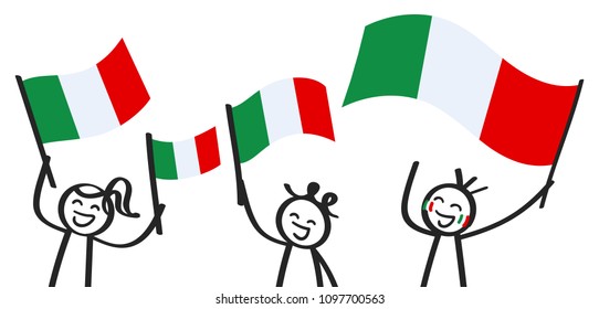 Cheering group of three happy stick figures with Italian national flags, smiling Italy supporters, sports fans isolated on white background