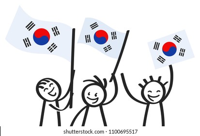 Cheering group of three happy stick figures with South Korean national flags, smiling South Korea supporters, sports fans isolated on white background
