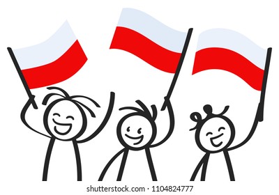 Cheering group of three happy stick figures with Polish national flags, smiling Poland supporters, sports fans isolated on white background