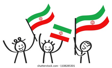 Cheering group of three happy stick figures with Iranian national flags, smiling Iran supporters, sports fans isolated on white background
