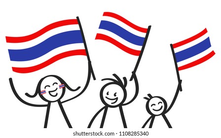 Cheering group of three happy stick figures with Thai national flags, smiling Thailand supporters, sports fans isolated on white background