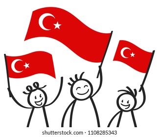 Cheering group of three happy stick figures with Turkish national flags, smiling Turkey supporters, sports fans isolated on white background
