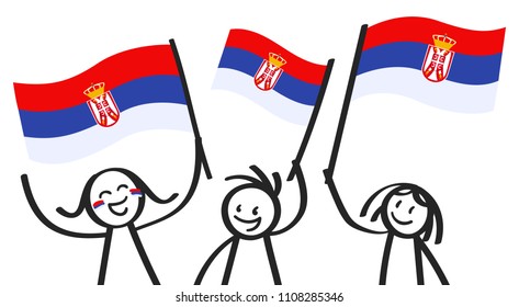 Cheering group of three happy stick figures with Serbian national flags, smiling Serbia supporters, sports fans isolated on white background
