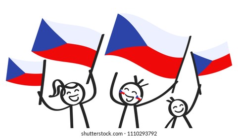 Cheering group of three happy stick figures with Czech national flags, smiling Czech Republic supporters, sports fans isolated on white background