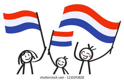 Cheering group of three happy stick figures with Dutch national flags, smiling Netherlands supporters, sports fans isolated on white background