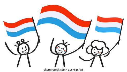 Cheering group of three happy stick figures with national flags of Luxembourg, smiling supporters, sports fans isolated on white background