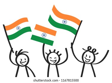Cheering group of three happy stick figures with Indian national flags, smiling India supporters, sports fans isolated on white background