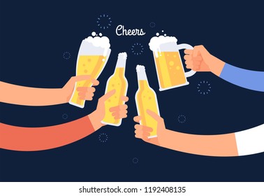 Cheering hands. Cheerful people clinking beer bottle and glasses. Happy drinking holiday vector background. Illustration of alcohol beverage bottle beer, cheers party in pub