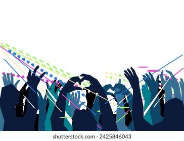 Cheering hands of the crowd raised in greeting by the fans of a rock band at a concert, vector illustration isolated on white background. Nightclub, music party or concert crowd.