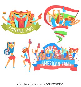 Cheering Happy Crowds Of Supporting National Sport Team Fans And Devotees With Banners