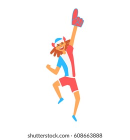Cheering Happy Supporter Of French National Football Spots Team, Fan And Devotee With Attributes