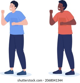 Cheering man semi flat color vector character set. Dynamic figures. Full body people on white. Winner isolated modern cartoon style illustration for graphic design and animation collection
