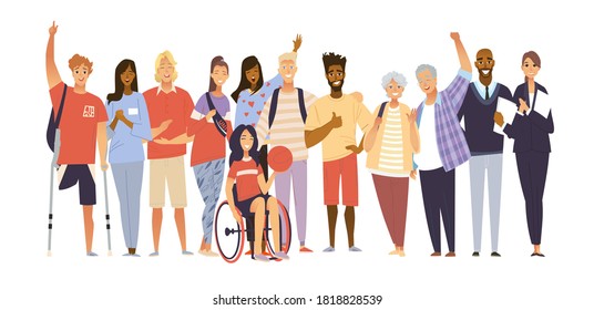 Cheering multiracial crowd of people. Happy fans are cheering for their team. A group of people supports athletes. Friends are support disabled basketball team. Girl with the ball in wheelchair surrou svg