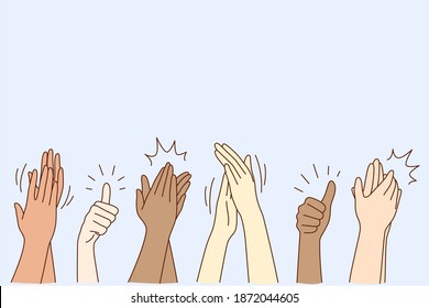 Cheering, ovation, applauding concept. Hands of various people male or female showing thumbs up, applauding, supporting somebody or cheering by gesture vector illustration