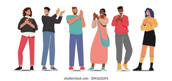 Cheering and Ovation Concept. Cheerful Characters Clap Hands Isolated on White Background. Men and Women Applaud, Support, Celebration, Appreciation or Friendship. Cartoon People Vector Illustration