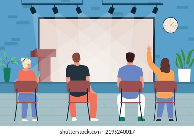 Cheering People Back Conference Flat Composition Four People Sit Facing An Empty Stage And Wait For The Speaker Vector Illustration